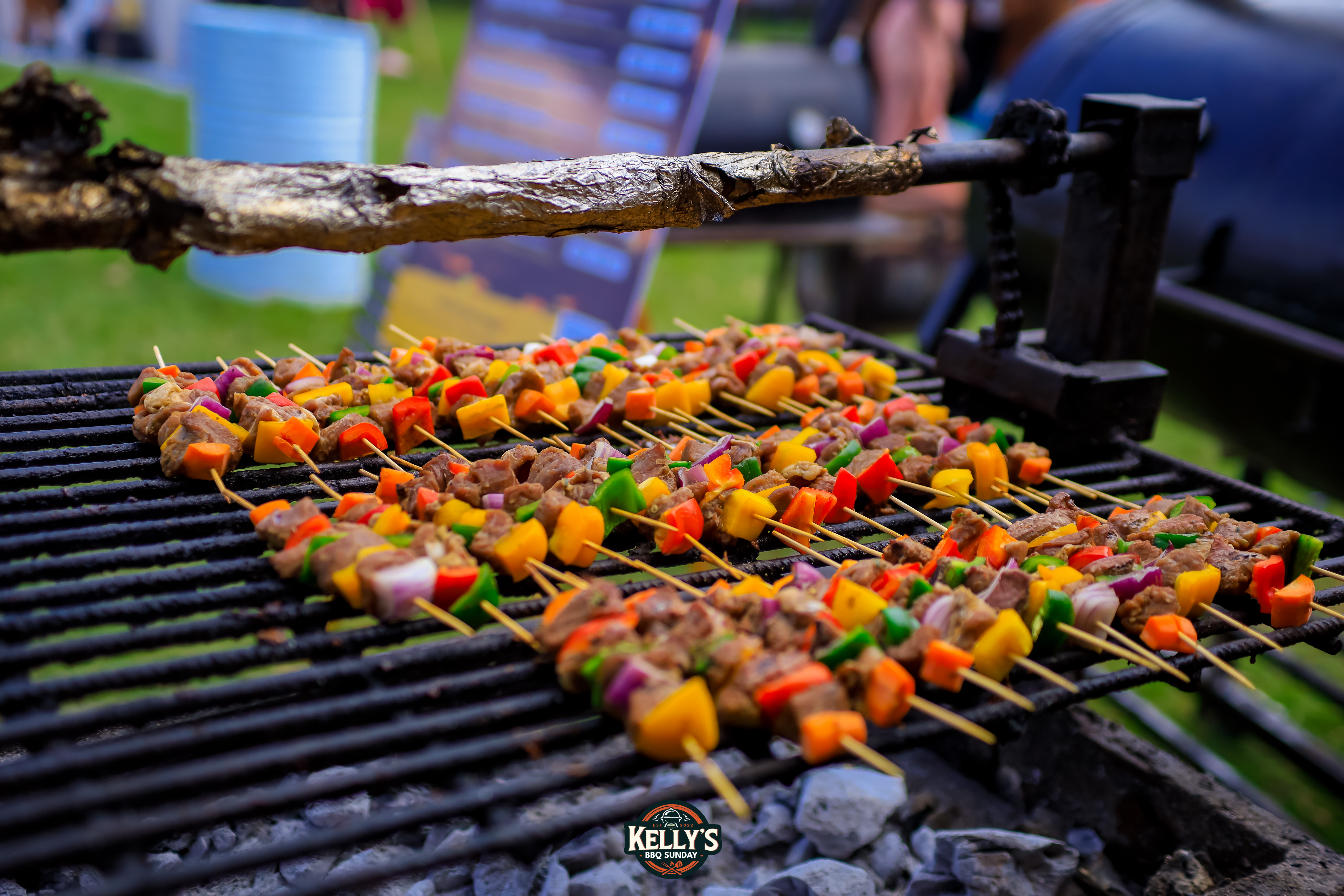 Colourful BBQ skewers on charcoal grill